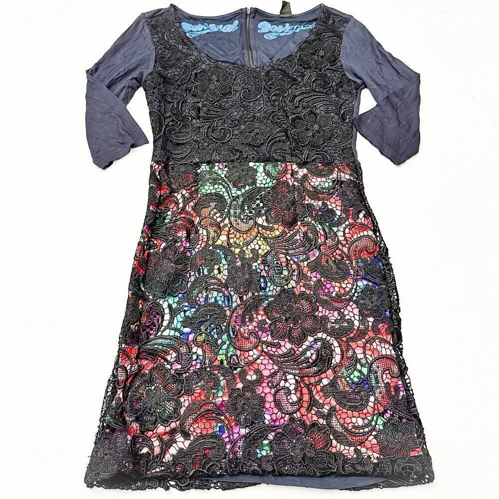 Desigual Floral 3/4 Sleeve Dress Flower Lace Overlay Pattern M37V2881 Size L